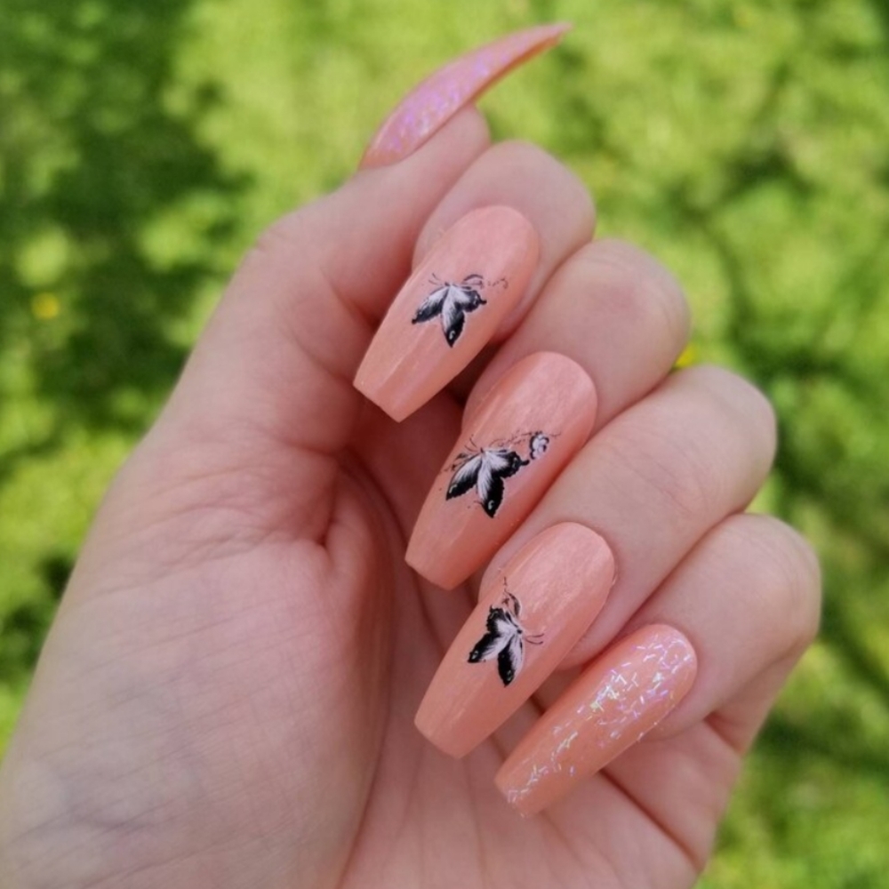 Pink Butterfly Coffin Nails - New Hand Painted